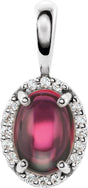 14K Gold Natural Rhodolite Garnet & Natural Diamond Oval 4-Prong Halo-Style Cabochon Pendant - White Gold