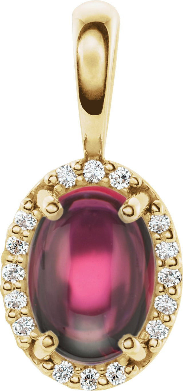 14K Gold Natural Rhodolite Garnet & Natural Diamond Oval 4-Prong Halo-Style Cabochon Pendant - Yellow Gold