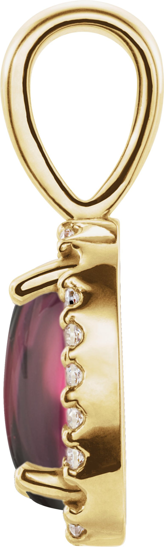 14K Gold Natural Rhodolite Garnet & Natural Diamond Oval 4-Prong Halo-Style Cabochon Pendant - Yellow Gold - view 2