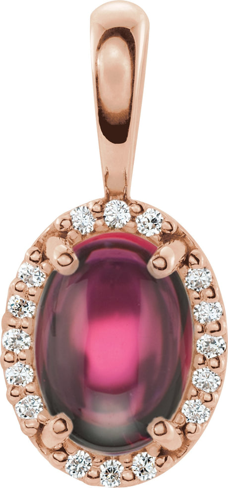 14K Gold Natural Rhodolite Garnet & Natural Diamond Oval 4-Prong Halo-Style Cabochon Pendant - Rose Gold