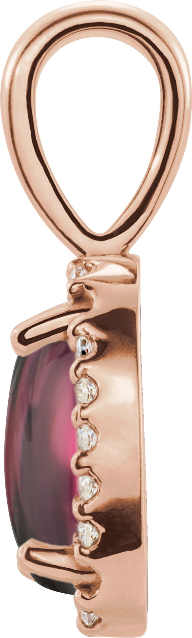 14K Gold Natural Rhodolite Garnet & Natural Diamond Oval 4-Prong Halo-Style Cabochon Pendant - Rose Gold - view 2