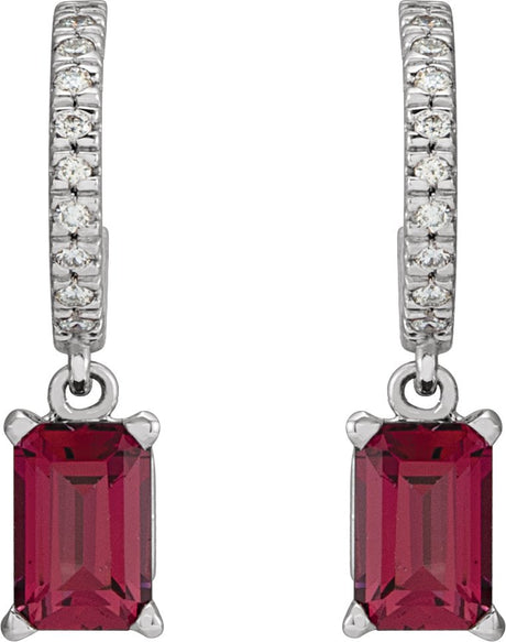 Platinum Emerald Natural Rhodolite Garnet & Natural Diamond French-Set Dangle Hoop Earrings - view 2