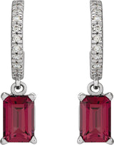 14K Gold Emerald Natural Rhodolite Garnet & Natural Diamond French-Set Dangle Hoop Earrings - White Gold - view 2