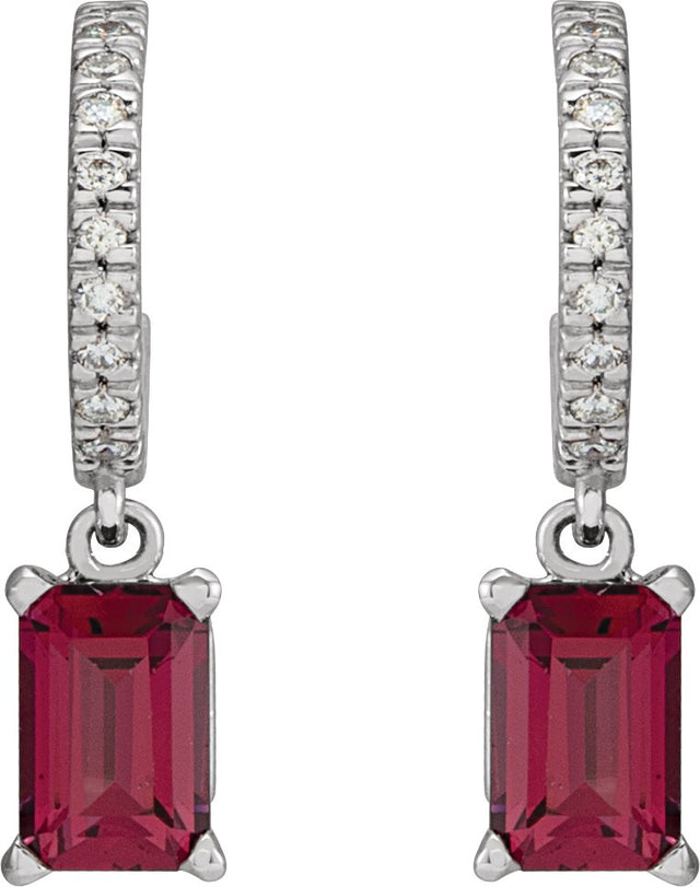 14K Gold Emerald Natural Rhodolite Garnet & Natural Diamond French-Set Dangle Hoop Earrings - White Gold - view 2