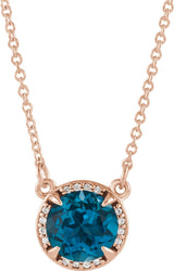 14K Gold Round Natural London Blue Topaz & Natural Diamond Halo-Style Necklace – 6-8mm Stones - Rose Gold
