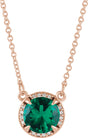 14K Gold Round Lab-Grown Emerald & Natural Diamond Halo-Style Necklace - Rose Gold