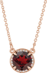 14K Gold Round Natural Mozambique Garnet & Natural Diamond Halo-Style Necklace – 6-8mm Stones - Rose Gold