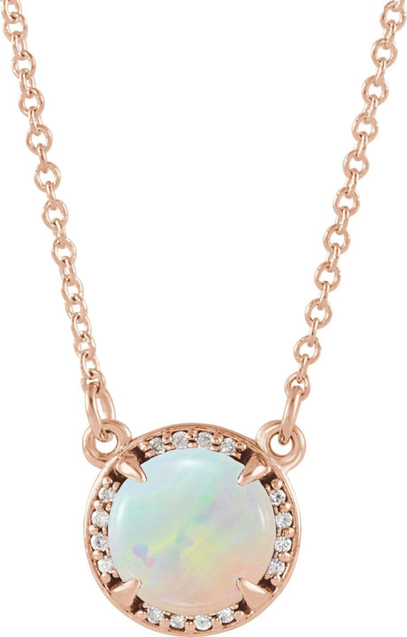 14K Gold Round Natural White Opal & Natural Diamond Halo-Style Necklace - Rose Gold