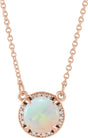 14K Gold Round Natural White Opal & Natural Diamond Halo-Style Necklace - Rose Gold