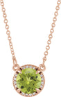 14K Gold Round Natural Peridot & Natural Diamond Halo-Style Necklace - Rose Gold