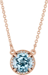 14K Gold Round Natural Sky Blue Topaz & Natural Diamond Halo-Style Necklace – 6-8mm Stones - Rose Gold