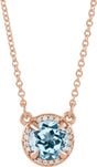 14K Gold Round Natural Sky Blue Topaz & Natural Diamond Halo-Style Necklace – 6-8mm Stones - Rose Gold