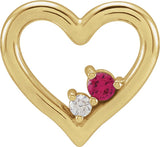 14K Gold Round Natural Ruby & Natural Diamond Heart Necklace or Slide Pendant - Yellow Gold