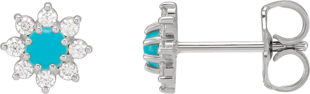 Platinum Round Natural Turquoise & Natural Diamond Cabochon Flower Earrings