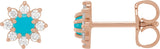 14K Gold Round Natural Turquoise & Natural Diamond Cabochon Flower Earrings - Rose Gold
