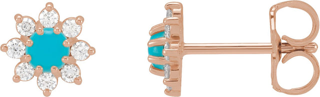 14K Gold Round Natural Turquoise & Natural Diamond Cabochon Flower Earrings - Rose Gold