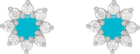 Platinum Round Natural Turquoise & Natural Diamond Cabochon Flower Earrings - view 2