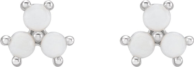 Platinum Round Natural White Opal Three-Stone Cabochon Earrings - view 2