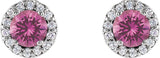14K Gold Natural Pink Sapphire Round 4-Prong Halo-Style Earrings - White Gold - view 4