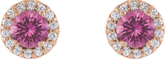 14K Gold Natural Pink Sapphire Round 4-Prong Halo-Style Earrings - Rose Gold - view 5