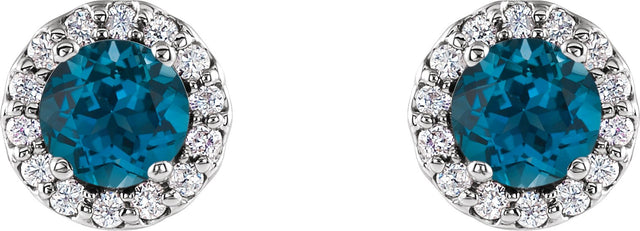 14K Gold Natural London Blue Topaz Round 4-Prong Halo-Style Earrings - White Gold - view 4