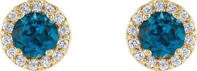 14K Gold Natural London Blue Topaz Round 4-Prong Halo-Style Earrings - Yellow Gold - view 4