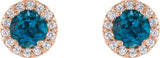14K Gold Natural London Blue Topaz Round 4-Prong Halo-Style Earrings - Rose Gold - view 5