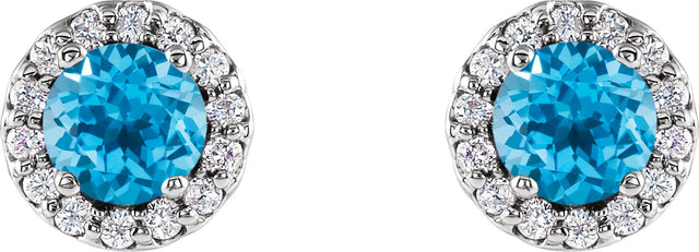 14K Gold Natural Swiss Blue Topaz Round 4-Prong Halo-Style Earrings - White Gold - view 4