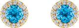 14K Gold Natural Swiss Blue Topaz Round 4-Prong Halo-Style Earrings - Yellow Gold - view 4