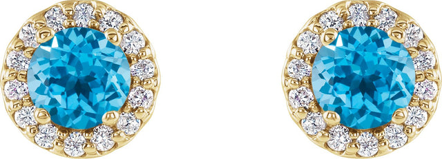 14K Gold Natural Swiss Blue Topaz Round 4-Prong Halo-Style Earrings - Yellow Gold - view 4