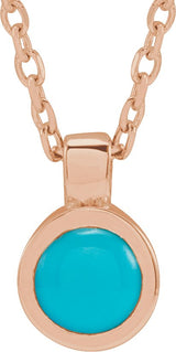 14K Gold Round Natural Turquoise Bezel-Set Necklace or Pendant - Rose Gold