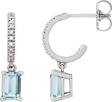 14K Gold Emerald Natural Sky Blue Topaz & Natural Diamond French-Set Dangle Hoop Earrings - White Gold