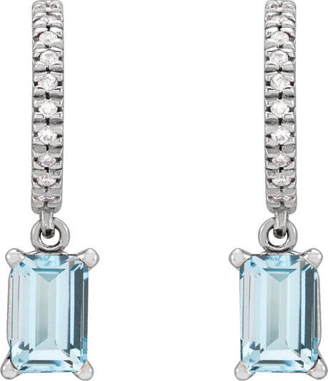 Platinum Emerald Natural Sky Blue Topaz & Natural Diamond French-Set Dangle Hoop Earrings - view 2