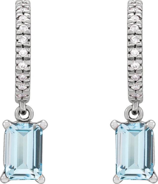 14K Gold Emerald Natural Sky Blue Topaz & Natural Diamond French-Set Dangle Hoop Earrings - White Gold - view 2