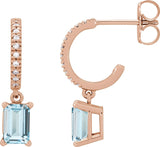 14K Gold Emerald Natural Sky Blue Topaz & Natural Diamond French-Set Dangle Hoop Earrings - Rose Gold