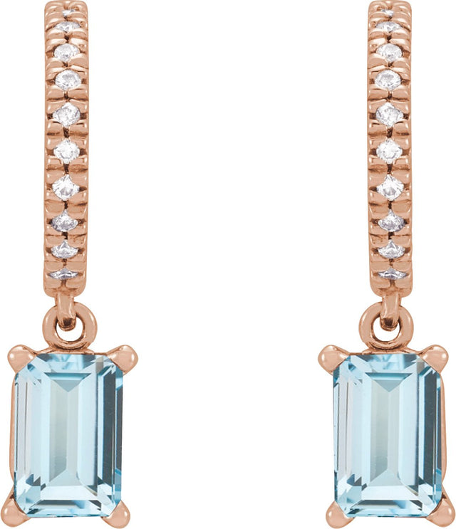 14K Gold Emerald Natural Sky Blue Topaz & Natural Diamond French-Set Dangle Hoop Earrings - Rose Gold - view 2