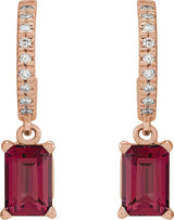 14K Gold Emerald Natural Rhodolite Garnet & Natural Diamond French-Set Dangle Hoop Earrings - Rose Gold - view 2