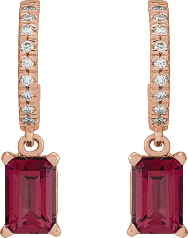 14K Gold Emerald Natural Rhodolite Garnet & Natural Diamond French-Set Dangle Hoop Earrings - Rose Gold - view 2