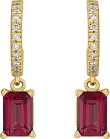 14K Gold Emerald Natural Rhodolite Garnet & Natural Diamond French-Set Dangle Hoop Earrings - Yellow Gold - view 2