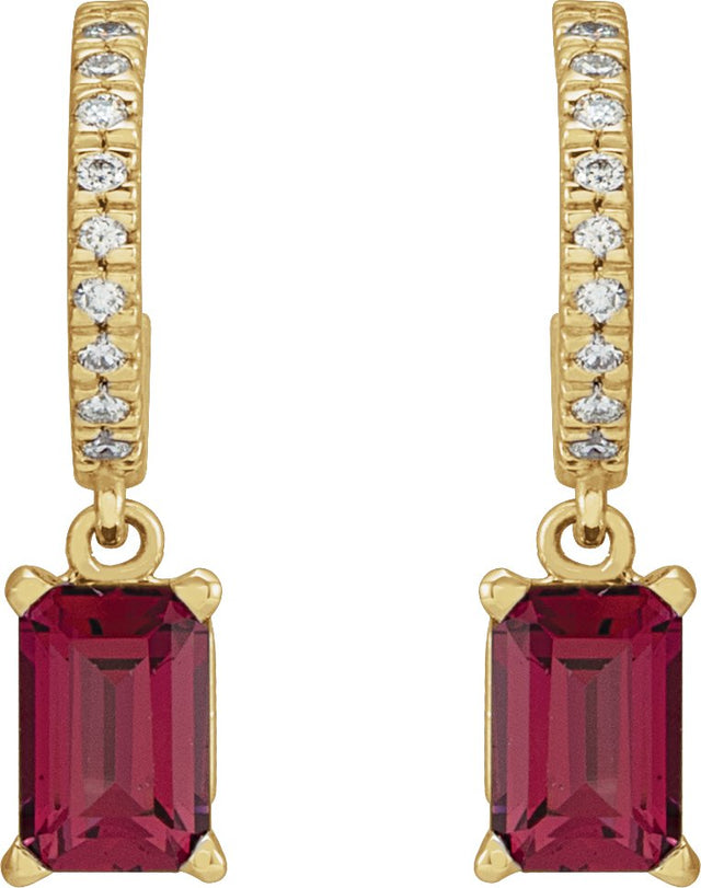 14K Gold Emerald Natural Rhodolite Garnet & Natural Diamond French-Set Dangle Hoop Earrings - Yellow Gold - view 2