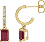 14K Gold Emerald Natural Rhodolite Garnet & Natural Diamond French-Set Dangle Hoop Earrings - Yellow Gold