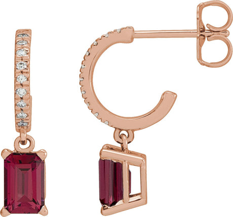 14K Gold Emerald Natural Rhodolite Garnet & Natural Diamond French-Set Dangle Hoop Earrings - Rose Gold