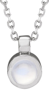Platinum Round Natural Rainbow Moonstone Bezel-Set Necklace or Pendant