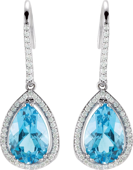 14K Gold Pear Natural Swiss Blue Topaz & Natural Diamond Halo-Style Earrings - view 2