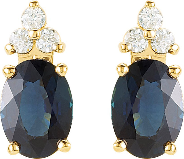 14K Gold Natural Blue Sapphire & Natural Diamond Oval 4-Prong Accented Earrings - view 2