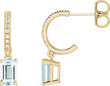 14K Gold Emerald Natural Sky Blue Topaz & Natural Diamond French-Set Dangle Hoop Earrings - Yellow Gold