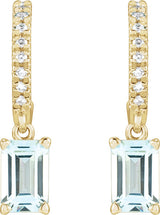 14K Gold Emerald Natural Sky Blue Topaz & Natural Diamond French-Set Dangle Hoop Earrings - Yellow Gold - view 2