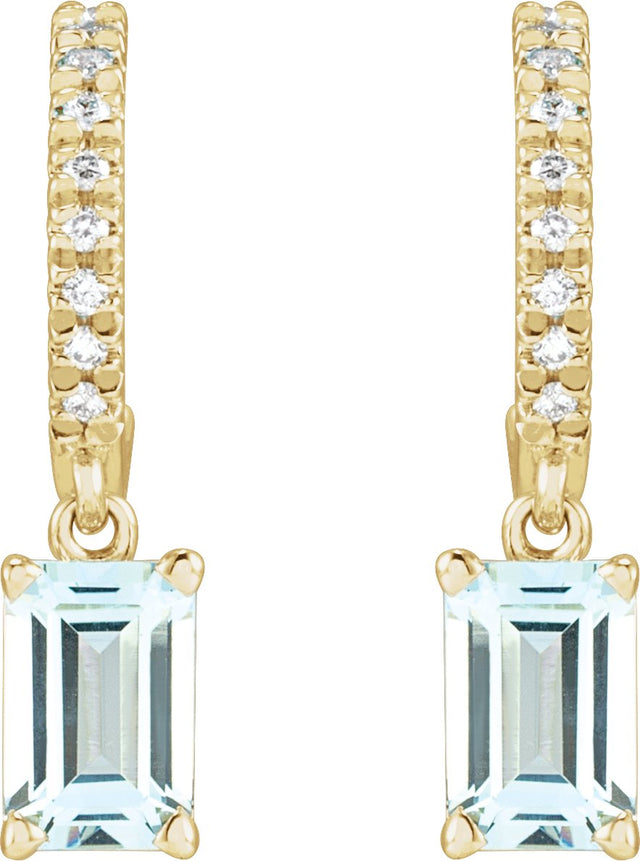 14K Gold Emerald Natural Sky Blue Topaz & Natural Diamond French-Set Dangle Hoop Earrings - Yellow Gold - view 2
