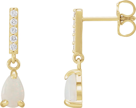 14K Gold Pear Natural White Opal & Natural Diamond Accented Cabochon Earrings – 6x4mm - Yellow Gold