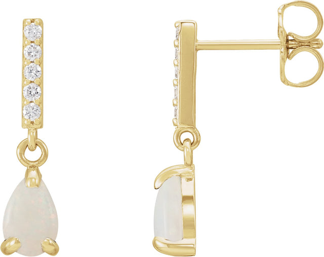 14K Gold Pear Natural White Opal & Natural Diamond Accented Cabochon Earrings – 6x4mm - Yellow Gold